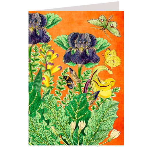 Glittered Irises on Orange Beautiful Floral Card ~ England